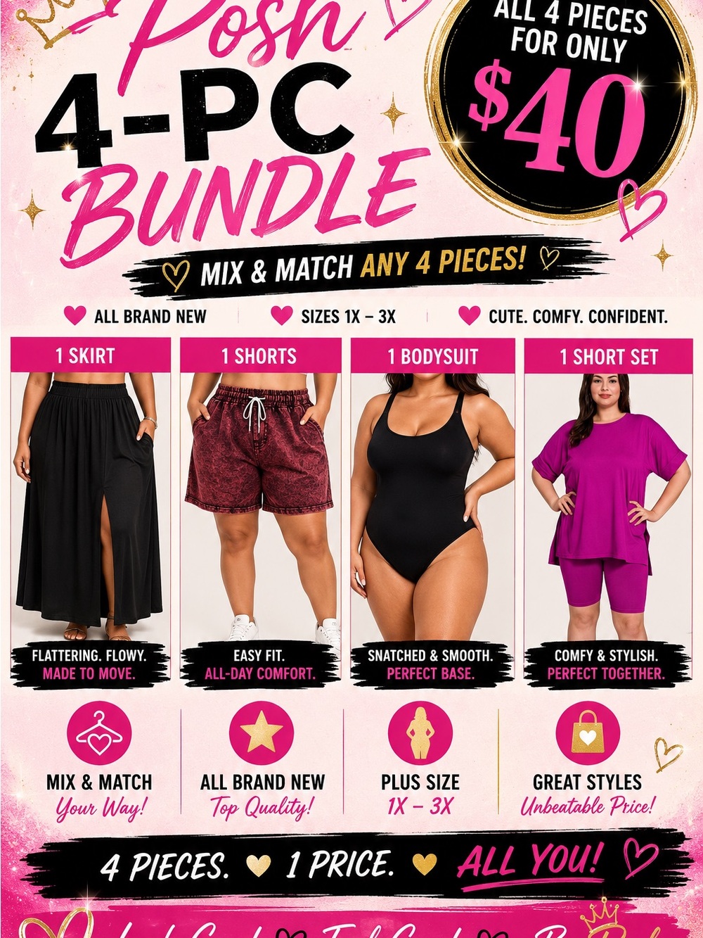 4-pc Bundle Mix or match Skirts, stretch pants, shorts or body suits (1x -3x)